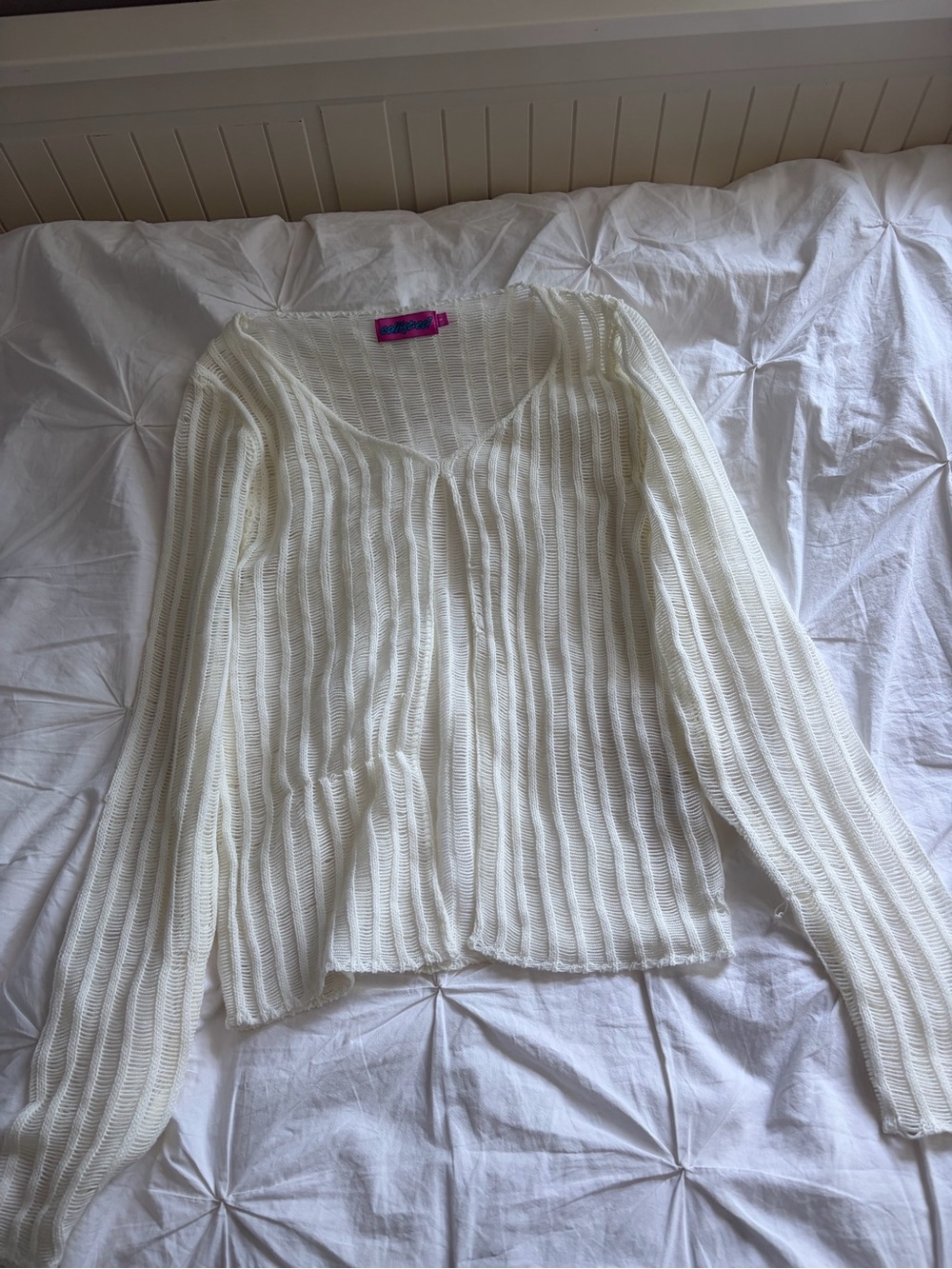 Edikted White Open-Weave V-Neck Top with Pink Label